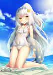  1girl bangs bare_arms bare_legs bare_shoulders barefoot blue_sky blush breasts cameltoe character_name closed_mouth cloud collarbone covered_navel day eyebrows_visible_through_hair flower flower_knight_girl full_body grey_hair hair_between_eyes hair_flower hair_ornament innertube kneeling long_hair name_tag ocean outdoors ponytail shirotaegiku_(flower_knight_girl) sky small_breasts smile solo sorimura_youji translation_request transparent very_long_hair water yellow_eyes yellow_flower 