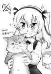  2girls =_= absurdres anger_vein animal cat collared_shirt commentary_request dated greyscale heart highres holding holding_animal holding_cat konkon monochrome multiple_girls one_side_up original shirt simple_background smile translation_request 