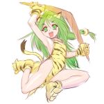  1girl animal_ears animal_print boomerang cat_ears cat_tail cham_cham gloves green_eyes green_hair long_hair looking_at_viewer open_mouth paw_gloves paw_shoes paws samurai_spirits shoes simple_background solo tail tiger_print ueyama_michirou white_background 