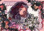  1girl blush brown_hair copyright_request dress flower highres holding holding_flower leaf long_hair looking_at_viewer orange_flower parted_lips pink_dress plant red_eyes samusu_gi solo upper_body veil white_flower 