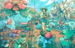  ash_ketchum brock_(pokemon) brown_hair bryce_kho bulbasaur butterfree flower gen_1_pokemon gloom hair_flower hair_ornament hat highres ivysaur magikarp misty_(pokemon) oddish outdoors pokemon pokemon_(creature) sun_hat venusaur 