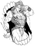  1boy abs arm_at_side arm_up bare_shoulders belt bulge closed_mouth cream_(stand) fangs greyscale heart highres jojo_no_kimyou_na_bouken long_hair looking_at_viewer male_focus mariel_cartwright monochrome muscular muscular_male pose serious sleeveless solo stand_(jojo) stardust_crusaders teeth vanilla_ice veins wristband 