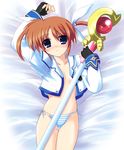  bed blush brown_hair cameltoe fingerless_gloves flat_chest gloves hair_ribbon johnny_(from_scratch) lying lyrical_nanoha mahou_shoujo_lyrical_nanoha mahou_shoujo_lyrical_nanoha_a's no_bra on_back open_clothes open_shirt panties purple_eyes pussy_juice raising_heart ribbon shirt side-tie_panties solo staff striped striped_panties takamachi_nanoha twintails underwear 