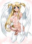  1girl abubu angel angel_wings ball_bra bb big_breasts blonde_hair blue_eyes breasts cute futanari large_breasts newhalf nipples nounanka revealing_clothes see-through sexy smile solo testicles useless_clothes wings 