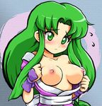  blush breasts duplicate embarrassed ganbare_goemon green_eyes green_hair japanese_clothes jpeg_artifacts kimono konpeto large_breasts long_hair lowres ninja nipples no_bra open_clothes open_shirt shirt solo sweatdrop yae_(ganbare_goemon) 