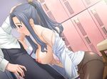  bb blue_eyes blue_hair breasts fellatio large_breasts locker_room oral pony_tail ponytail 