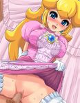  1girl assertive blonde_hair blue_eyes blush breasts brooch censored clothed_sex cowgirl_position crown dress dress_lift earrings elbow_gloves girl_on_top gloves hetero jewelry konpeto large_breasts long_hair lowres mario_(series) mosaic_censoring no_panties penis pink_dress princess_peach pussy sex solo_focus straddling super_mario_bros. sweat thighhighs vaginal 