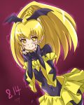  1girl bad_end_peace black_bodysuit black_wings blonde_hair bodysuit braid chocokin covered_navel dated earrings eyebrows_visible_through_hair hair_between_eyes head_wings high_ponytail jewelry long_hair looking_at_viewer miniskirt precure red_background shiny shiny_hair skirt smile smile_precure! solo standing very_long_hair wings yellow_eyes yellow_skirt 