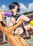  1boy 1girl anal audience bb big_breasts bike_shorts black_hair breasts censored cum dragon_ball dragonball fingerless_gloves gloves large_breasts looking_at_viewer open_mouth public rape sex shirt shirt_lift t-shirt torn_clothes twintails umedama_nabu videl 