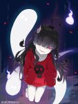  1girl ahoge bare_legs barefoot black_hair collarbone commentary_request evil_smile flaming_eye full_body hair_over_eyes highres hitodama liclac long_hair long_sleeves looking_at_viewer original parted_lips red_eyes red_shirt shirt skull_print sleeves_past_fingers sleeves_past_wrists smile solo very_long_hair watermark web_address 