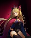  1girl absurdres ar_(3779609928) black_legwear black_leotard blonde_hair breasts cape earrings ereshkigal_(fate) fate/grand_order fate_(series) hair_ribbon hand_on_hip highres jewelry leotard long_hair looking_at_viewer red_cape red_eyes red_ribbon ribbon single_thighhigh skull small_breasts solo spine thighhighs tiara two_side_up very_long_hair 
