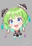  1girl bangs blue_eyes bun_cover earrings eyebrows_visible_through_hair fuji_yoshida glasses green_hair grey_background handa_moegi handa_moegi!_power-kei_pocchari_vtuber head_tilt highres jewelry open_mouth round_eyewear short_eyebrows short_hair signature smile solo upper_body v-shaped_eyebrows virtual_youtuber 