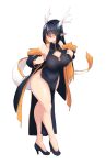  1girl bare_shoulders black_hair blush breasts china_dress chinese_clothes cleavage dragon_girl dragon_horns dragon_tail dress full_body hair_between_eyes high_heels highres horns jacket large_breasts long_hair long_sleeves looking_at_viewer no_panties orange_eyes original pointy_ears simple_background solo standing sub-res tail white_background 