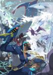  3girls 4boys anchor_necklace archie_(pokemon) bandana beard black_hair clenched_hand cliff crobat dark_skin dark_skinned_female dark_skinned_male e_volution facial_hair gen_1_pokemon gen_2_pokemon gen_3_pokemon jewelry kyogre legendary_pokemon long_hair looking_up matt_(pokemon) mega_pokemon mega_sharpedo mightyena muk multicolored_hair multiple_boys multiple_girls muscular muscular_male necklace open_mouth pokemon pokemon_(creature) pokemon_(game) pokemon_oras rain sharpedo shelly_(pokemon) shirt short_hair smile standing striped striped_shirt team_aqua team_aqua_grunt team_aqua_uniform teeth tongue two-tone_hair water waves wetsuit 