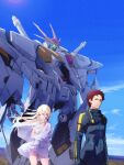  1boy 1girl apple_field arm_under_breasts blonde_hair blue_eyes breasts brown_eyes brown_hair capelet dress floating_hair gigi_andalusia green_eyes gundam gundam_hathaway&#039;s_flash hair_behind_ear hand_on_own_head hathaway_noa highres looking_to_the_side mecha mobile_suit pilot_suit science_fiction small_breasts standing v-fin white_capelet white_dress xi_gundam 