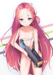  1girl :&lt; bikini blue_archive collarbone commentary_request flat_chest forehead grenade_launcher hair_ornament hair_ribbon highres long_hair looking_at_viewer micro_bikini petite purple_eyes red_hair ribbon school_uniform simple_background solo sooottrick swimsuit weapon white_background yuzu_(blue_archive) 