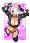  abs absurdres angel_(kof) arms_up blue_eyes breasts chaps character_name cropped_jacket finger_horns fingerless_gloves gloves hair_over_one_eye highres horns_pose index_fingers_raised jacket large_breasts leather leather_jacket mexican midriff monori_rogue navel smile snk solo stomach the_king_of_fighters the_king_of_fighters_xiv thick_thighs thighs toned white_hair 