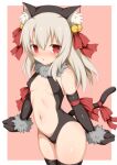  1girl animal_ear_fluff animal_ears bangs bare_shoulders bell black_gloves black_legwear blush border breasts cat_ears cat_tail center_opening elbow_gloves fake_animal_ears fate/kaleid_liner_prisma_illya fate_(series) fur_collar gloves hair_between_eyes hair_ribbon illyasviel_von_einzbern jingle_bell long_hair looking_at_viewer navel open_mouth pink_background red_eyes ribbon sidelocks small_breasts tail thighhighs thighs toshishikisai white_border white_hair 