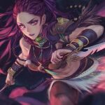  1girl artist_name bare_shoulders bracelet braid breasts commentary crop_top dual_wielding facial_mark faithom fire_emblem fire_emblem:_three_houses highres holding holding_knife holding_weapon jewelry knife long_hair medium_breasts midriff navel necklace petra_macneary puprle_hair purple_eyes reverse_grip solo stomach twitter_username weapon 