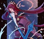  1girl bags_under_eyes bare_shoulders breasts elbow_gloves fishnet_legwear fishnets genshin_impact glaring gloves half-closed_eyes highres holding holding_polearm holding_weapon looking_at_viewer polearm purple_eyes purple_hair purple_legwear rosaria_(genshin_impact) scruffyturtles solo thick_thighs thighs thorns veil weapon 
