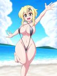  1girl akatsuki_kirika beach black_swimsuit blonde_hair blush breasts covered_nipples green_eyes hair_ornament large_breasts navel open_mouth senki_zesshou_symphogear shiny shiny_hair shiny_skin short_hair sideboob slingshot slingshot_swimsuit smile solo standing strap_gap swimsuit thighs water wet x_hair_ornament zetsumu 