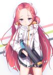  1girl :&lt; blue_archive commentary_request forehead grenade_launcher hair_ornament hair_ribbon highres jacket long_hair looking_at_viewer purple_eyes red_hair ribbon school_uniform simple_background solo sooottrick weapon white_background yuzu_(blue_archive) 