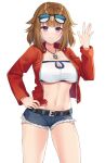  1girl bandeau bangs belt black_belt blush breasts brown_hair cleavage commentary commission cosplay cowboy_shot cutoffs denim denim_shorts english_commentary eyebrows_visible_through_hair eyewear_on_head fate/apocrypha fate_(series) girls_frontline grizzly_mkv_(girls_frontline) hair_intakes hand_on_hip hand_up highres jacket jewelry large_breasts long_sleeves looking_at_viewer micro_shorts midriff mordred_(fate) mordred_(fate)_(all) mordred_(fate)_(cosplay) navel necklace open_clothes open_jacket purple_eyes red_jacket rynzfrancis second-party_source short_hair shorts simple_background smile solo standing stomach strapless sunglasses thighs tubetop white_background 