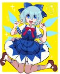  (9) 1girl absurdres blue_eyes blue_hair bow bowtie brown_footwear cirno commentary_request double_v eyebrows_visible_through_hair full_body hair_bow highres ice ice_wings open_mouth red_neckwear shaojiujiu shirt short_hair simple_background smile solo sparkle touhou v white_shirt wings 