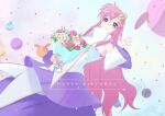  1girl 2021 bangs blue_eyes bouquet bow dress flower gundam gundam_seed hair_ornament happy_birthday haro highres holding holding_bouquet ichika_(quaternionxxx) lacus_clyne looking_down pink_bow purple_skirt robot skirt smile solo waving white_dress 