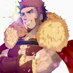  1boy alternate_costume armor bara blue_eyes borrowed_garments bracer breastplate brown_hair cape cleavage_cutout clothing_cutout cosplay crossed_arms facial_hair fate/grand_order fate_(series) fur-trimmed_cape fur_trim gatta_(gatta_reve_cat) goatee grin iskandar_(fate) iskandar_(fate)_(cosplay) large_pectorals leather long_sideburns looking_to_the_side male_cleavage male_focus mature_male multiple_boys muscular muscular_male napoleon_bonaparte_(fate) red_cape scar scar_on_chest short_hair sideburns smile solo sparkle upper_body 