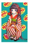  1girl ball bangs black_hair blue_eyes blunt_bangs blush border hand_up highres japanese_clothes kimono long_hair long_sleeves obi original parted_lips patterned_background sandals sash socks solo squatting striped striped_kimono twintails usamochi. very_long_hair white_border wide_sleeves 