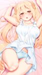  1girl :o animal_ears armpits arms_up bangs barefoot bed_sheet blonde_hair blue_panties blush bow bow_panties breasts collarbone commentary_request dog_ears dog_girl dress eyebrows_visible_through_hair hair_between_eyes highres large_breasts long_hair looking_at_viewer lying on_back orange_eyes original panties sleeveless sleeveless_dress solo tachimi_(basue) twintails underwear white_dress 
