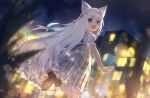  1girl animal_ear_fluff animal_ears bangs blue_eyes building cat_ears cat_tail dress eyebrows_visible_through_hair fang hair_between_eyes hair_ornament hair_ribbon long_hair looking_at_viewer night observerz open_mouth original outdoors ribbon skin_fang solo tail very_long_hair white_hair 