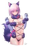  1girl animal_ears bangs bare_shoulders bow breasts cleavage closed_mouth dangerous_beast elbow_gloves fate/grand_order fate_(series) fur-trimmed_gloves fur-trimmed_legwear fur_collar fur_trim gloves hair_over_one_eye highres knees_up lace-trimmed_legwear lace_trim large_breasts light_purple_hair looking_at_viewer mash_kyrielight navel o-ring open_mouth outause purple_eyes purple_gloves purple_legwear revealing_clothes short_hair signature simple_background tail white_background wolf_ears wolf_tail 