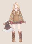  1girl axe battle_axe blonde_hair blue_eyes boots expressionless final_fantasy final_fantasy_tactics from_below geomancer_(fft) gloves highres jitome knee_boots michibata_65 solo tunic twintails weapon 