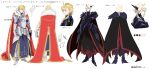  2boys ahoge aka_no_jo alter_servant armor arthur_pendragon_(fate) arthur_pendragon_alter_(fate) artoria_pendragon_(all) artoria_pendragon_(lancer)_(fate) artoria_pendragon_(lancer_alter)_(fate) bangs belt black_armor black_cape black_capelet blonde_hair blue_capelet blue_eyes breastplate cape capelet dark_persona eyebrows_visible_through_hair fate/prototype fate/prototype:_fragments_of_blue_and_silver fate_(series) faulds fur-trimmed_cape fur_trim gauntlets greaves green_eyes hair_between_eyes highres horns long_hair male_focus multiple_boys pauldrons platinum_blonde_hair red_cape shoulder_armor sidelocks smile swept_bangs yellow_eyes 