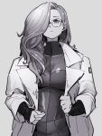  1girl alternate_hairstyle android_21 blue_eyes checkered checkered_dress closed_mouth dragon_ball dress glasses grey_background greyscale hair_over_one_eye kemachiku labcoat long_sleeves looking_at_viewer monochrome red_ribbon_army simple_background solo 