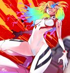  1girl bangs blonde_hair blue_eyes blue_fire blue_hair bodysuit breasts clenched_teeth cockpit evangelion:_3.0+1.0_thrice_upon_a_time fire glowing glowing_eye green_hair highres interface_headset leaning_back looking_down neon_genesis_evangelion open_hands orange_hair pilot_suit plugsuit purple_hair rebuild_of_evangelion shikinami_asuka_langley skin_tight small_breasts solo souryuu_asuka_langley teeth tsuyoshi_takaki 