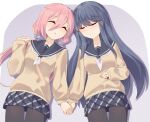  2girls bangs blue_hair closed_eyes closed_mouth commentary_request ddt_(darktrident) eyebrows_visible_through_hair hair_between_eyes hair_ribbon hand_on_own_stomach holding_hands kagamihara_nadeshiko long_hair multiple_girls open_mouth pantyhose parted_lips pink_hair pullover ribbon sailor shima_rin skirt sleeping smile striped striped_skirt twintails white_background yurucamp 