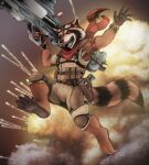 anthro barefoot belt biped clothed clothing corrsk digital_media_(artwork) explosion feet fur guardians_of_the_galaxy gun handgun hi_res holding_object holding_weapon holster male mammal marvel paws pistol procyonid raccoon ranged_weapon rocket_launcher rocket_raccoon scarf solo weapon 