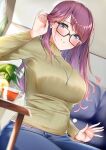  1girl bangs black-framed_eyewear blue_eyes blue_pants blush breasts brown_sweater come_hither cotton_swab cup curtains glasses hair_tucking highres indoors jewelry kagamihara_sakura lap_pillow_invitation large_breasts long_hair long_sleeves looking_at_viewer necklace pants purple_hair ribbed_sweater sitting smile solo sweater swept_bangs taut_sweater tea window yurucamp yuu-kun_(linke_hand) 