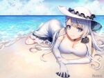  1girl artist_name ass azur_lane bare_shoulders beach blue_eyes breasts cleavage cloud cloudy_sky dress elbow_gloves gloves hair_ribbon hat illustrious_(azur_lane) lace-trimmed_headwear lace_trim large_breasts long_hair lying on_stomach ribbon roang sand sky sleeveless sleeveless_dress solo strapless strapless_dress sun_hat thighhighs water white_dress white_gloves white_hair white_headwear white_legwear 