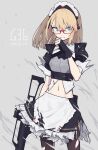  1girl absurdres apron assault_rifle blonde_hair blood blood_from_mouth blue_eyes braid g36_(girls_frontline) girls_frontline glasses gun h&amp;k_g36 highres maid maid_apron maid_headdress medium_hair navel pantyhose papaia_(quentingqoo) rifle solo torn_clothes weapon 