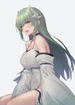  bangs bare_shoulders black_choker breasts choker covered_navel detached_sleeves dress eyebrows_visible_through_hair fate/grand_order fate_(series) green_hair grey_background horns kiyohime_(fate) long_hair medium_breasts open_mouth oukawa_yuu simple_background sitting smile teeth thighs upper_teeth white_dress yellow_eyes 