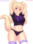  1girl animal_ears arms_up ass_visible_through_thighs bangs black_panties blonde_hair blush bow bow_panties breasts cat_ears cat_tail collarbone cowboy_shot eyebrows_visible_through_hair fang highres large_breasts long_hair looking_at_viewer navel no_pants nottytiffy open_mouth original panties red_eyes shirt slit_pupils solo t-shirt tail thighhighs tiffy_(nottytiffy) twintails twitch.tv underwear watermark web_address white_background 