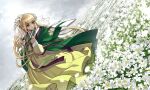  1girl blonde_hair closed_mouth field flower flower_field green_eyes hair_flower hair_ornament hanbok highres jacket jacket_on_shoulders korean_clothes long_sleeves original outdoors petals sky solo white_flower yong-gok 