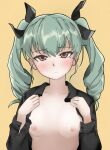  1girl :o absurdres anchovy_(girls_und_panzer) areolae bangs black_ribbon black_shirt blush breasts closed_mouth collared_shirt commentary drill_hair eyebrows_visible_through_hair frown girls_und_panzer green_hair hair_ribbon half-closed_eyes highres long_hair long_sleeves looking_at_viewer nipples open_clothes open_shirt opened_by_self orange_background red_eyes ribbon shirt small_breasts solo sounata_(sounanmaru) texture twin_drills twintails upper_body 