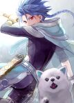  1boy 1other angry animal asymmetrical_bangs bangs belt blue_hair blurry bodysuit bodysuit_under_clothes bracelet braid braided_ponytail capelet child clothing_cutout cu_chulainn_(fate)_(all) dagger depth_of_field dog earrings fangs fate/grand_order fate/grand_order_arcade fate_(series) floating_hair grin highres hood hood_down hooded_capelet jewelry long_hair looking_at_viewer male_focus moguta_(moguta9) ponytail puppy red_eyes scabbard setanta_(fate) sheath skin_tight smile spiked_hair thigh_cutout weapon 