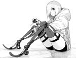  1girl bangs greyscale hair_over_one_eye highres hood hooded_jacket jacket looking_at_viewer mechanical_legs monochrome one_eye_covered original prosthesis prosthetic_leg science_fiction short_hair short_shorts shorts sitting solo tsuyoshi_takaki white_background 