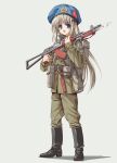  1girl absurdres ak-74 assault_rifle backpack bag bat_hair_ornament bayonet belt_buckle beret blue_eyes blush boots buckle full_body grey_hair gun hair_ornament happy hat highres little_busters! load_bearing_equipment long_hair longmei_er_de_tuzi looking_at_viewer military military_uniform noumi_kudryavka open_mouth paratrooper patch rifle shadow simple_background soldier solo soviet uniform weapon 